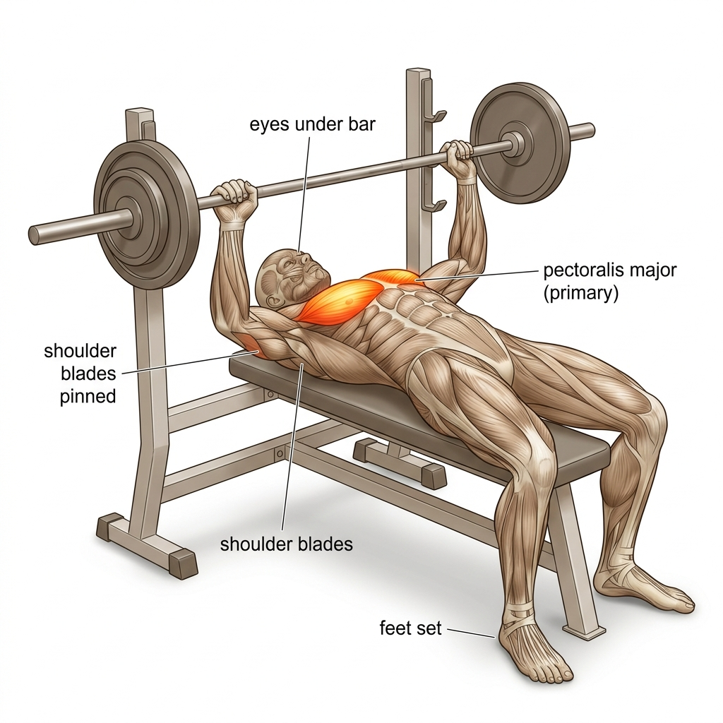 Barbell bench press anatomy diagram.