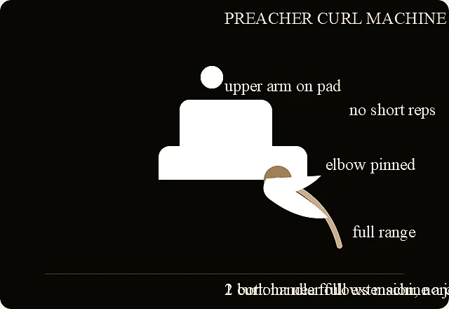 Preacher curl machine verified exercise line-art diagram.